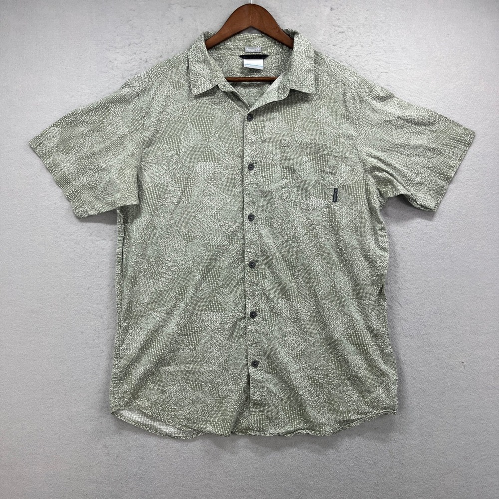 Columbia Button Up Shirt Mens Large Green Geometric Under Exposure Short Sleeve